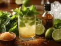 Orzeźwiający mohito drink z miętą, limonką i cukrem trzcinowym. Obok buteleczka rumu i lód.