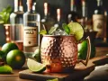 Miedziany kubek z lodem, limonką i miętą. Obok butelka wódki z etykietą "Moscow Mule". Idealny moscow mule przepis.