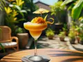 Orzeźwiający drink z mango, ozdobiony owocem i parasolką, na tle tropikalnego ogrodu. Idealny na upalny dzień.