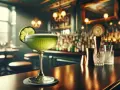 Zielony, orzeźwiający drink z plasterkiem limonki na eleganckim blacie baru. W tle widać półki z butelkami i przytulne światła, tworząc atmosferę idealną na ostatniego cocktail.