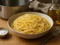 Idealny makaron spaghetti w misce. Aby makaron się nie sklejał, dodaj łyżkę oliwy do wody podczas gotowania.