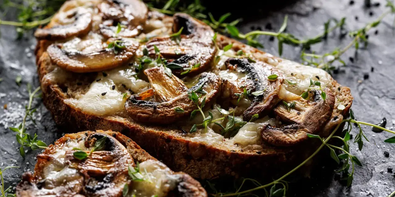 Pyszna zapiekanka z pieczarkami na chrupiącym pieczywie, posypana świeżym tymiankiem i solą.