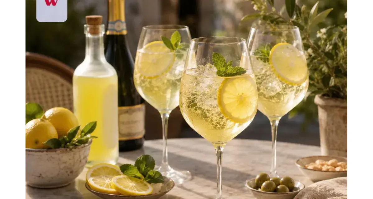 Orzeźwiający limoncello spritz z cytryną i miętą, butelka likieru, szampan i przekąski na stole.