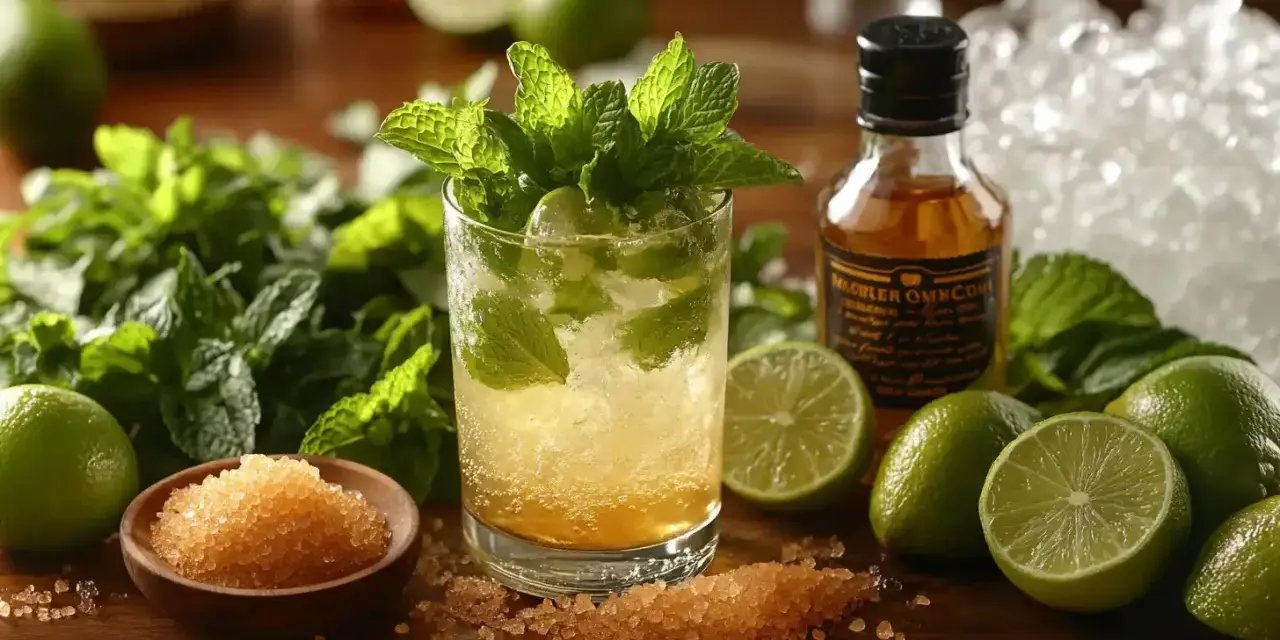 Orzeźwiający mohito drink z miętą, limonką i cukrem trzcinowym. Obok buteleczka rumu i lód.