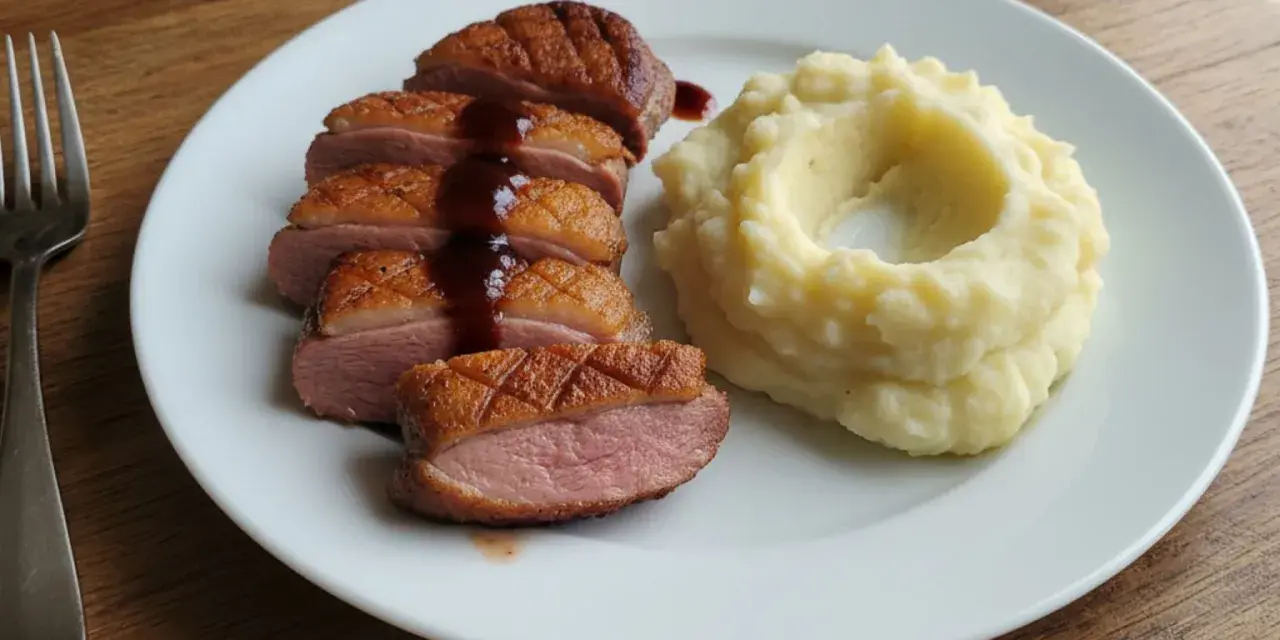Pokrojona, soczysta pierś z kaczki z chrupiącą skórką, polana sosem, obok porcja purée ziemniaczanego. Idealny sposób, jak zrobić miękką pierś z kaczki.