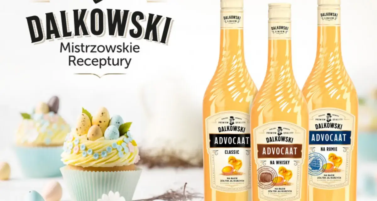 Dalkowski Advocaat - likier brzoskwiniowy do drinków, idealny na Wielkanoc. Trzy butelki z etykietami "Classic", "Na Whisky" i "Na Rumie".