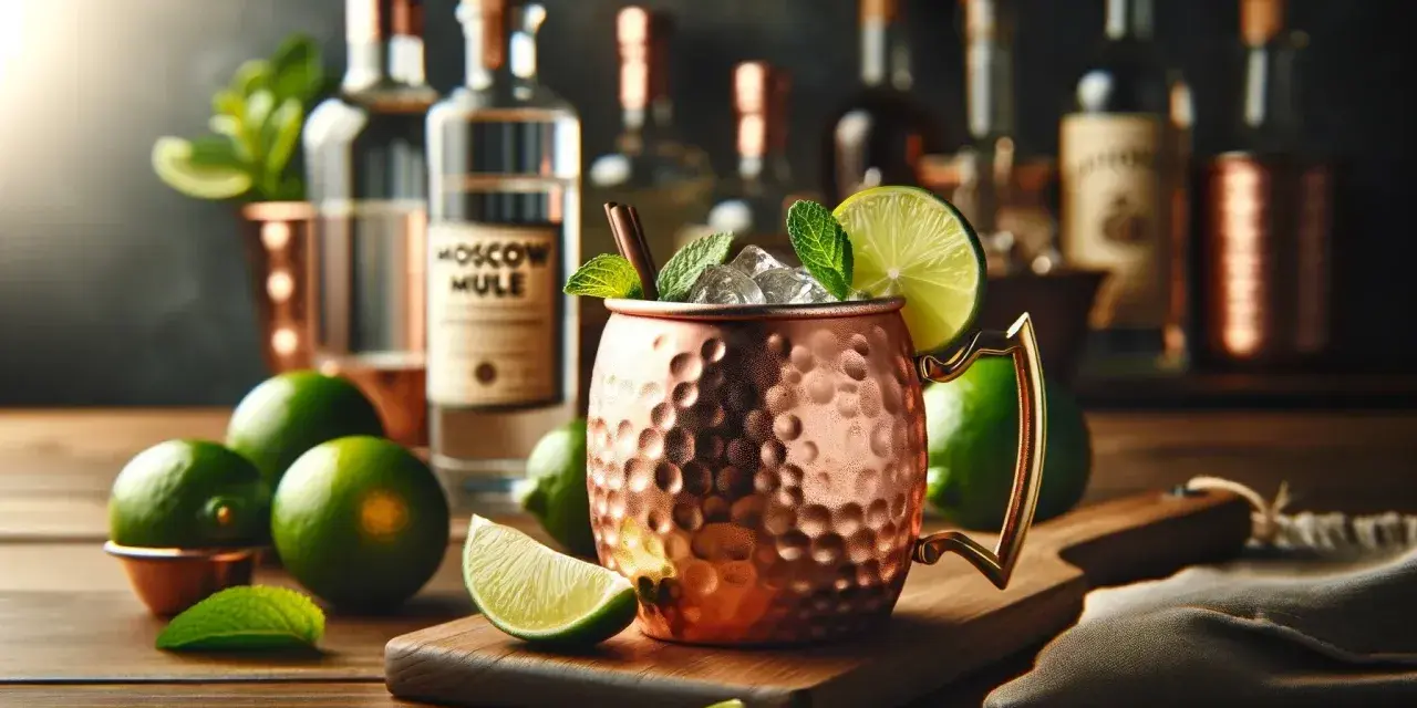 Miedziany kubek z lodem, limonką i miętą. Obok butelka wódki z etykietą "Moscow Mule". Idealny moscow mule przepis.