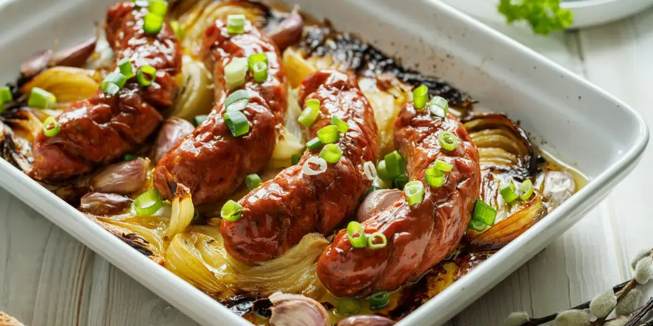 Pieczona biała kiełbasa surowa z cebulą i czosnkiem w naczyniu żaroodpornym, posypana szczypiorkiem.