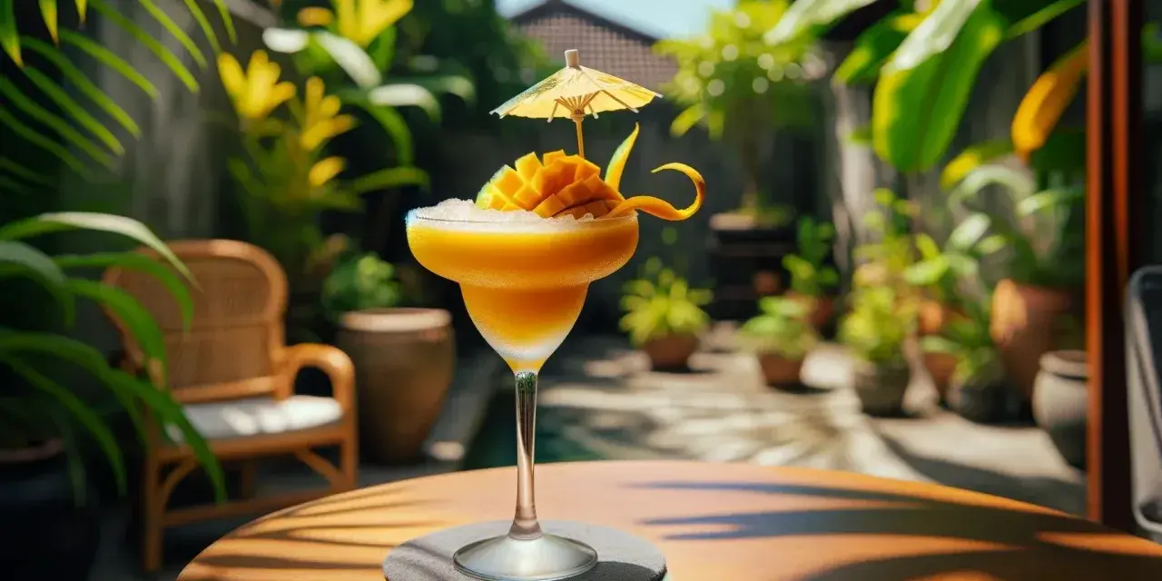 Orzeźwiający drink z mango, ozdobiony owocem i parasolką, na tle tropikalnego ogrodu. Idealny na upalny dzień.