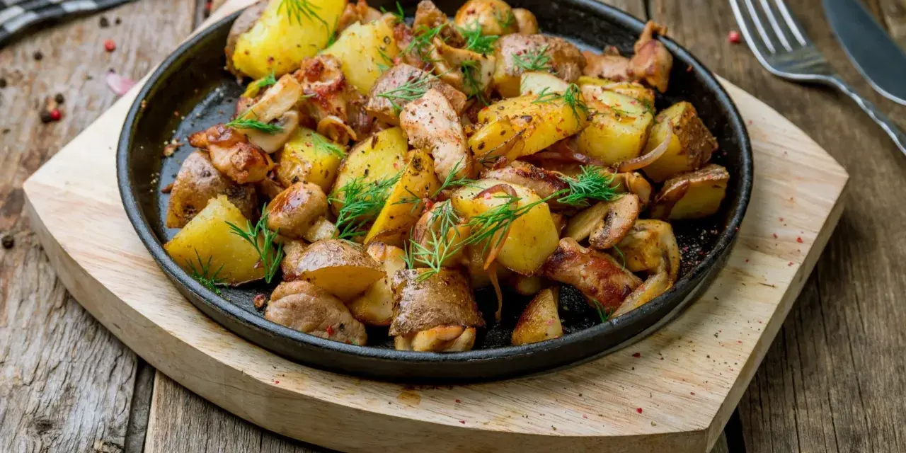 Gorący kurczak z pieczarkami i ziemniakami, podany na patelni, ozdobiony koperkiem.