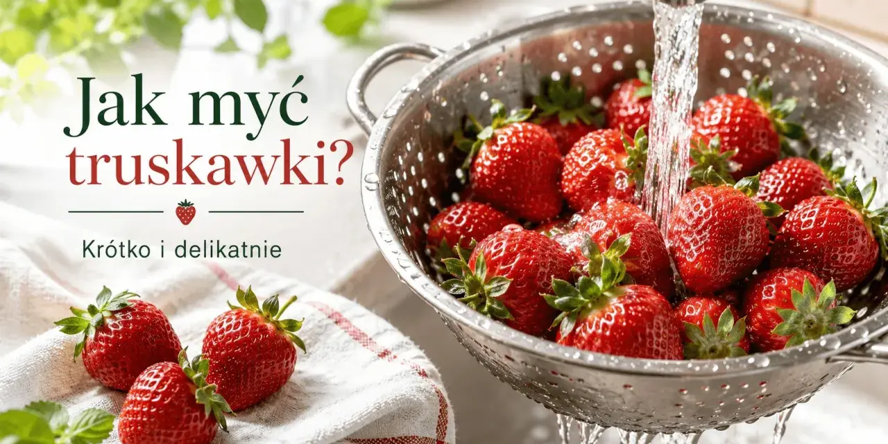 Jak myć truskawki? Woda spływa po świeżych owocach w durszlaku, przygotowując je do jedzenia.