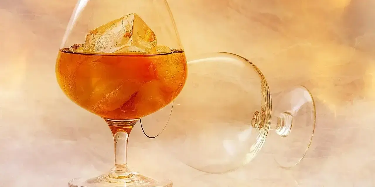 Kieliszek brandy z lodem, obok pusty, zapraszają do degustacji. Oto jak pić brandy, by docenić jej smak.
