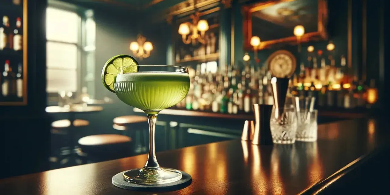 Zielony, orzeźwiający drink z plasterkiem limonki na eleganckim blacie baru. W tle widać półki z butelkami i przytulne światła, tworząc atmosferę idealną na ostatniego cocktail.