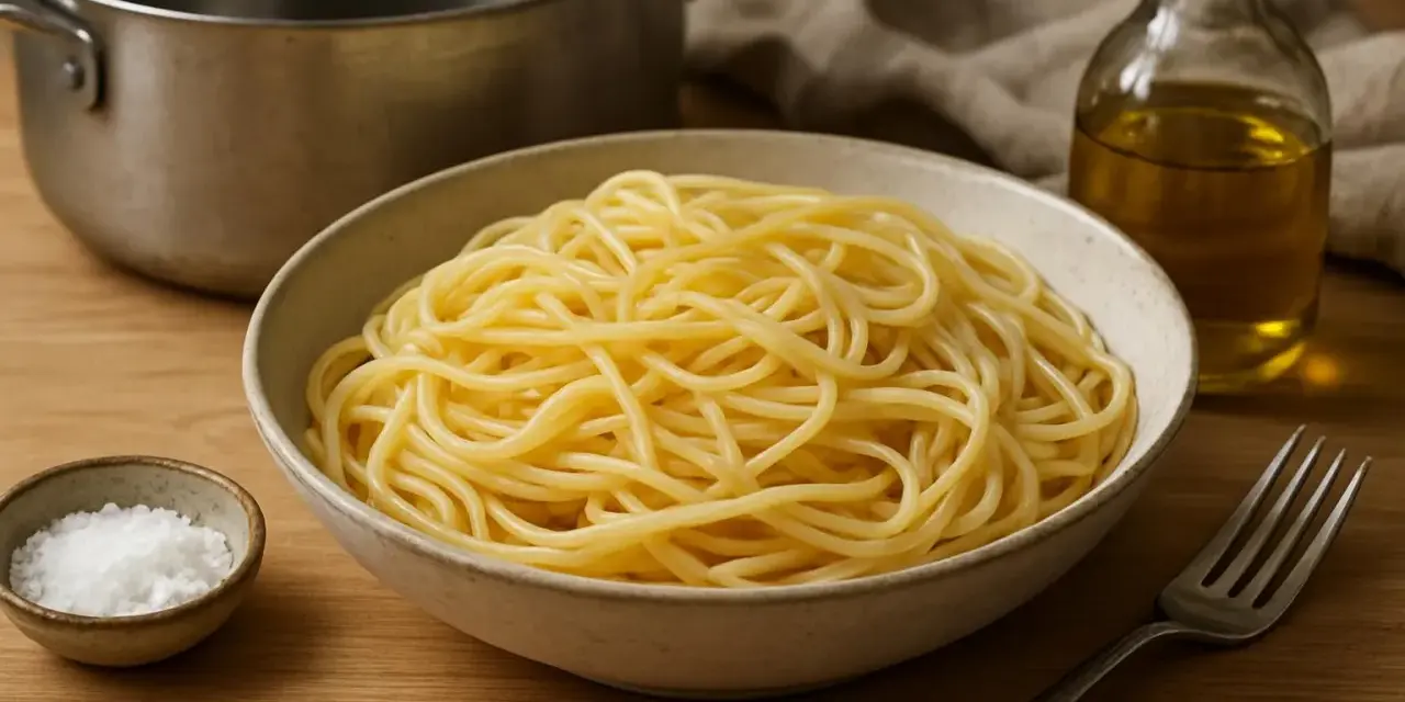 Idealny makaron spaghetti w misce. Aby makaron się nie sklejał, dodaj łyżkę oliwy do wody podczas gotowania.