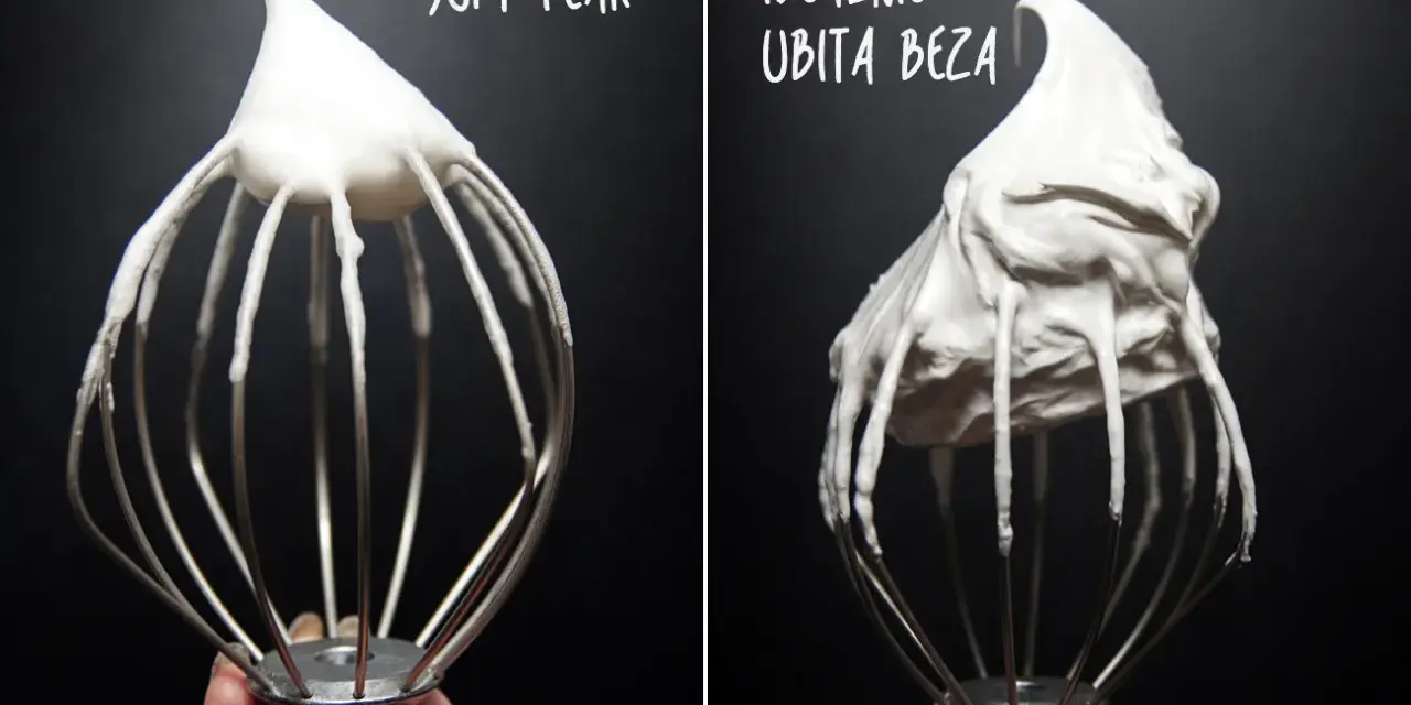 Porównanie ubijania bezy: z lewej "soft peak", z prawej idealnie ubita beza. Klucz do sukcesu, jak piec beze.
