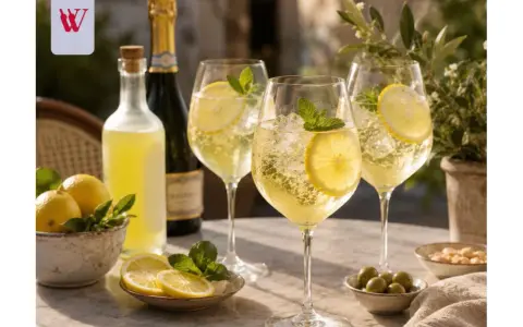 Orzeźwiający limoncello spritz z cytryną i miętą, butelka likieru, szampan i przekąski na stole.