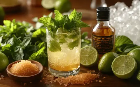 Orzeźwiający mohito drink z miętą, limonką i cukrem trzcinowym. Obok buteleczka rumu i lód.