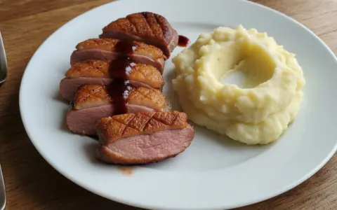 Pokrojona, soczysta pierś z kaczki z chrupiącą skórką, polana sosem, obok porcja purée ziemniaczanego. Idealny sposób, jak zrobić miękką pierś z kaczki.