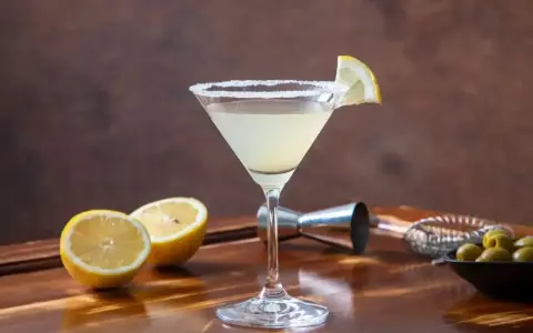 Orzeźwiający martini ze spritem, ozdobiony plasterkiem cytryny i obsypany cukrem. Obok leżą połówki cytryn i oliwki.