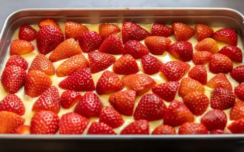 Szybkie ciasto z truskawkami w blaszce, gotowe do pieczenia. Soczyste owoce ułożone na kremowym spodzie.