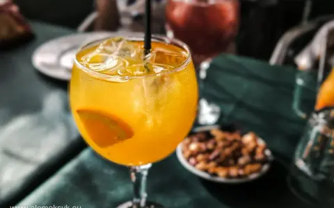 Orzeźwiający drink agua de valencia z plasterkiem pomarańczy i lodem, na stole obok miseczki z orzeszkami.