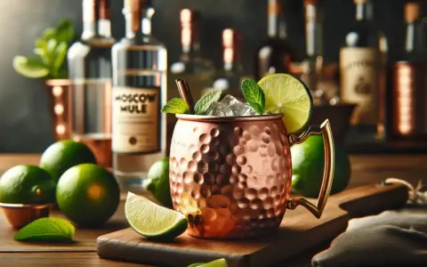 Miedziany kubek z lodem, limonką i miętą. Obok butelka wódki z etykietą "Moscow Mule". Idealny moscow mule przepis.