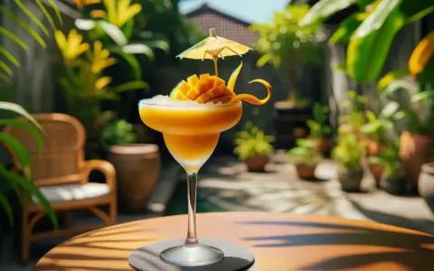 Orzeźwiający drink z mango, ozdobiony owocem i parasolką, na tle tropikalnego ogrodu. Idealny na upalny dzień.