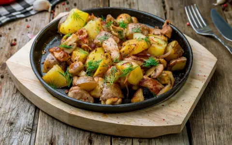 Gorący kurczak z pieczarkami i ziemniakami, podany na patelni, ozdobiony koperkiem.