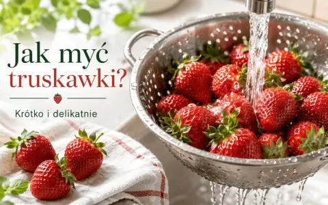 Jak myć truskawki? Woda spływa po świeżych owocach w durszlaku, przygotowując je do jedzenia.