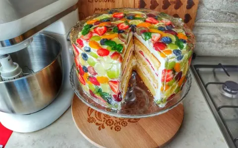 Kolorowy tort z owocami, z kawałkiem wyciętym, prezentuje się apetycznie. Obok stoi mikser.