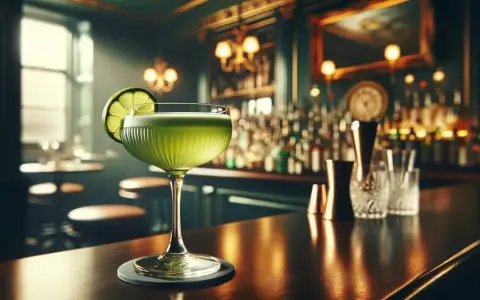 Zielony, orzeźwiający drink z plasterkiem limonki na eleganckim blacie baru. W tle widać półki z butelkami i przytulne światła, tworząc atmosferę idealną na ostatniego cocktail.