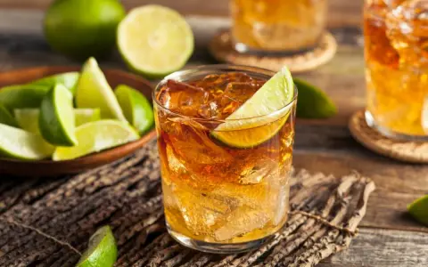 Idealny drink z rumem i lodem, ozdobiony plasterkiem limonki. Obok miseczka z kawałkami limonki, sugerująca, z czym pić rum.