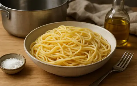 Idealny makaron spaghetti w misce. Aby makaron się nie sklejał, dodaj łyżkę oliwy do wody podczas gotowania.