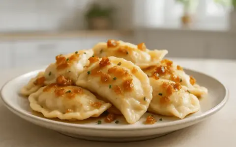 Talerz pełen pysznych, domowych pierogów z serem, polanych skwarkami i szczypiorkiem. Smak dzieciństwa, jak u babci.