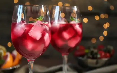 Dwa orzeźwiające drinki z prosecco i sprite, pełne lodu i listków mięty, na tle migoczących światełek.