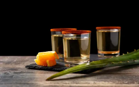 Trzy kieliszki z mezcalem, ozdobione solą i chili, obok pomarańczy i liścia agawy. Chcesz wiedzieć, mezcal co to?