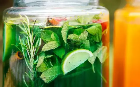 Zielony, orzeźwiający syrop z mięty z dodatkiem limonki i rozmarynu w szklanym słoju. Obok pomarańczowy napój.