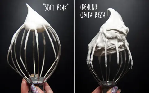 Porównanie ubijania bezy: z lewej "soft peak", z prawej idealnie ubita beza. Klucz do sukcesu, jak piec beze.