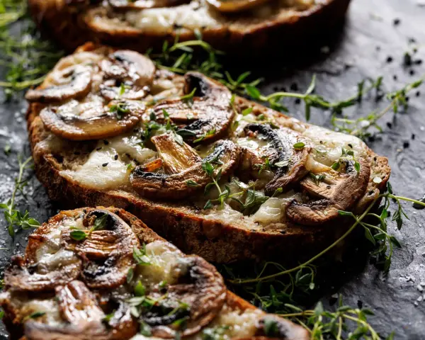 Pyszna zapiekanka z pieczarkami na chrupiącym pieczywie, posypana świeżym tymiankiem i solą.