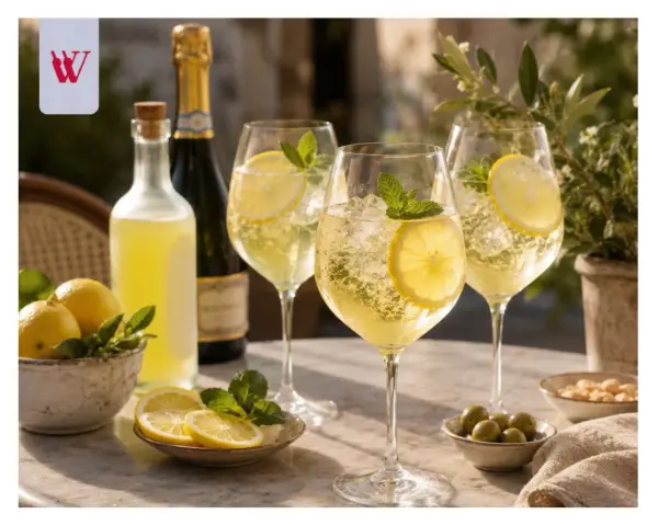Orzeźwiający limoncello spritz z cytryną i miętą, butelka likieru, szampan i przekąski na stole.