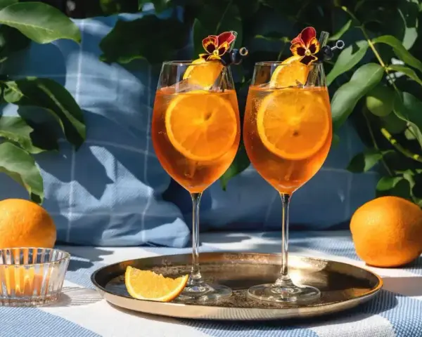 Dwa orzeźwiające drinki z aperolem i sokiem pomarańczowym, ozdobione plastrami pomarańczy i kwiatami, gotowe na letnie popołudnie.