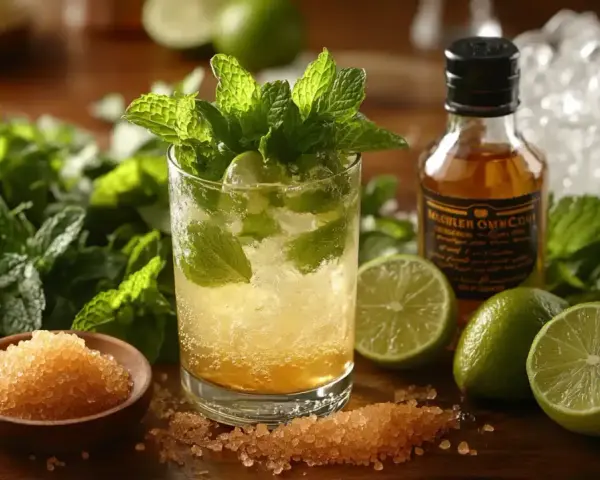 Orzeźwiający mohito drink z miętą, limonką i cukrem trzcinowym. Obok buteleczka rumu i lód.