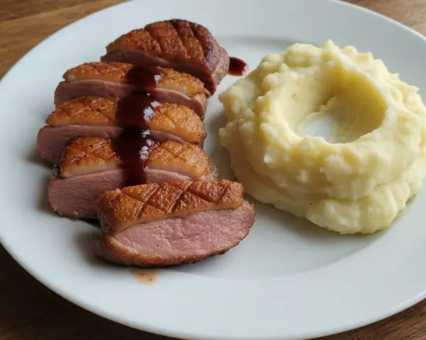 Pokrojona, soczysta pierś z kaczki z chrupiącą skórką, polana sosem, obok porcja purée ziemniaczanego. Idealny sposób, jak zrobić miękką pierś z kaczki.