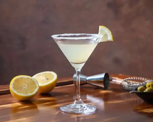 Orzeźwiający martini ze spritem, ozdobiony plasterkiem cytryny i obsypany cukrem. Obok leżą połówki cytryn i oliwki.