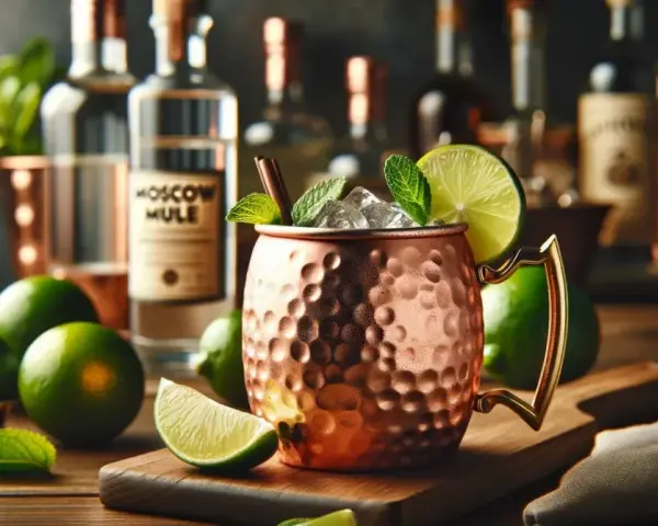 Miedziany kubek z lodem, limonką i miętą. Obok butelka wódki z etykietą "Moscow Mule". Idealny moscow mule przepis.