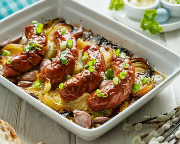 Pieczona biała kiełbasa surowa z cebulą i czosnkiem w naczyniu żaroodpornym, posypana szczypiorkiem.