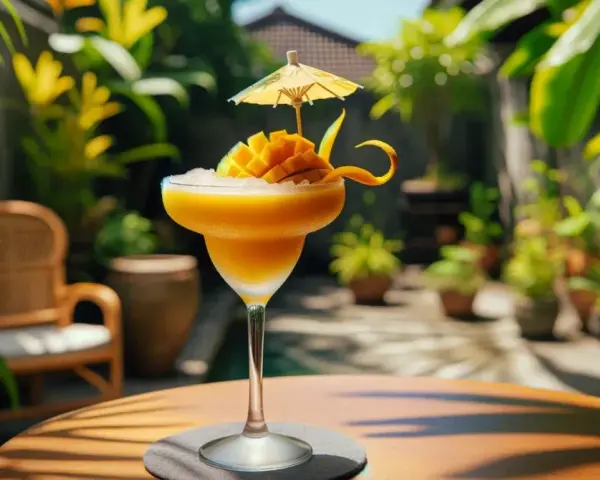 Orzeźwiający drink z mango, ozdobiony owocem i parasolką, na tle tropikalnego ogrodu. Idealny na upalny dzień.