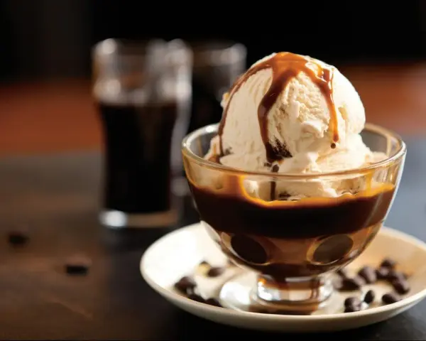 Lody waniliowe z syropem karmelowym w pucharku, obok szklaneczki z ciemnym napojem. Idealne połączenie, gdy zastanawiasz się, **Baileys z czym pić**.
