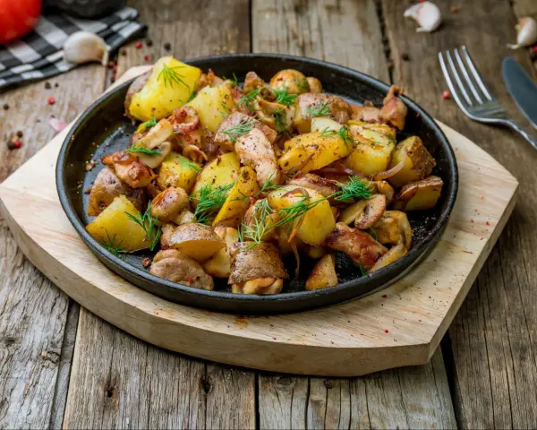 Gorący kurczak z pieczarkami i ziemniakami, podany na patelni, ozdobiony koperkiem.