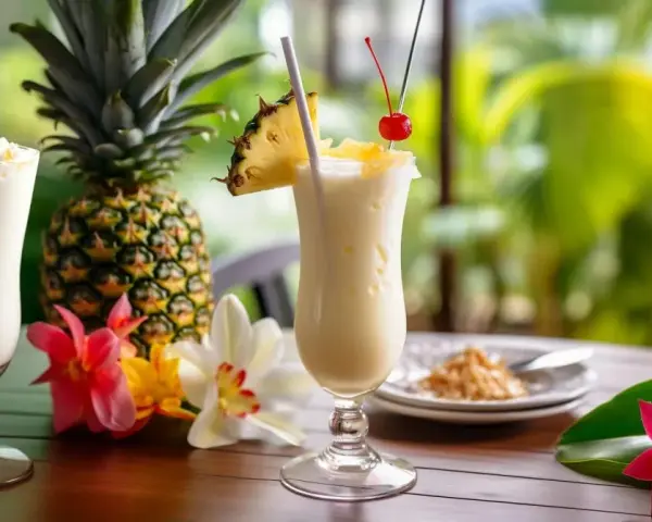 Dwa orzeźwiające drinki, które idealnie oddają, co to jest pina colada: kremowe, z ananasem i wisienką, otoczone świeżymi owocami i kwiatami.